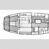 Einteilung im Innern: V.l. Achternkabine, Center Cockpit, Salon mit Navigationstisch und Pantry, Durchgang WC, Bugkabine
